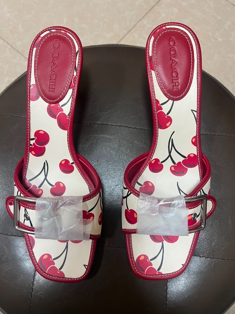 COACH Red Cherry Print Buckle Slide Sandals